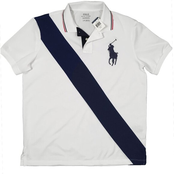 NEW Ralph Lauren Performance Polo Shirt!  XL White  Navy Sash Stripe  Wicking - Picture 1 of 1